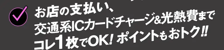 お店の支払い、交通系ICカードチャージ＆光熱費までコレ1枚でOK！ポイントもお得！！